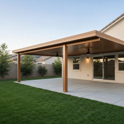 Beautifully designed Alumawood patio cover in a backyard setting