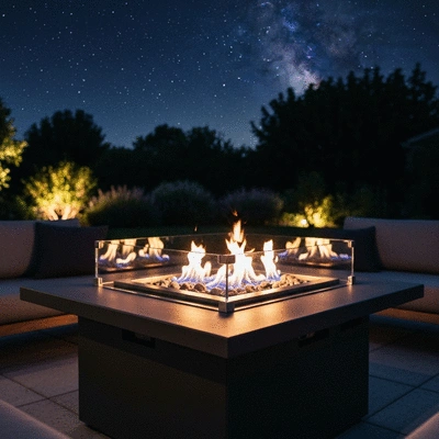 Stylish outdoor fire pit during the evening