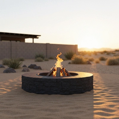 Fire pit setup in a desert backyard