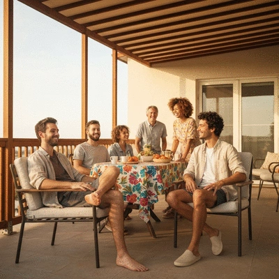 User enjoying a shaded outdoor patio with family