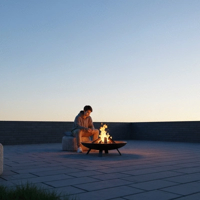User enjoying a fire pit in an outdoor setting