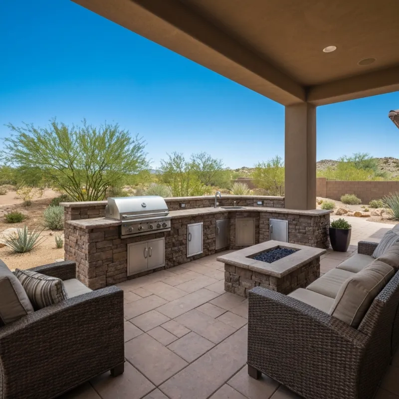 Luxurious outdoor kitchen and patio in Cave Creek, Arizona, under a clear sky