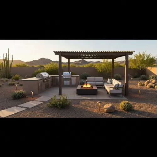 Luxurious desert outdoor living space with custom kitchen and fire pit